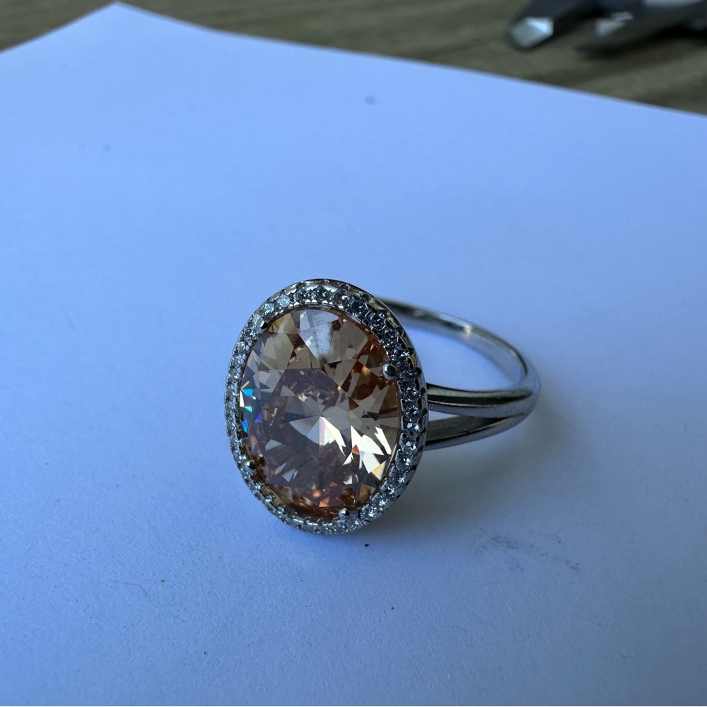 Champagne CZ and 925 Silver CZ  Halo Ring - Picture 5 of 7